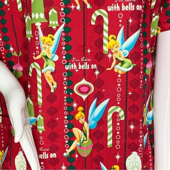 Disney NWT Tinker Bell Christmas Scrub Top Short Sleeves Red and Green … - Picture 3 of 9